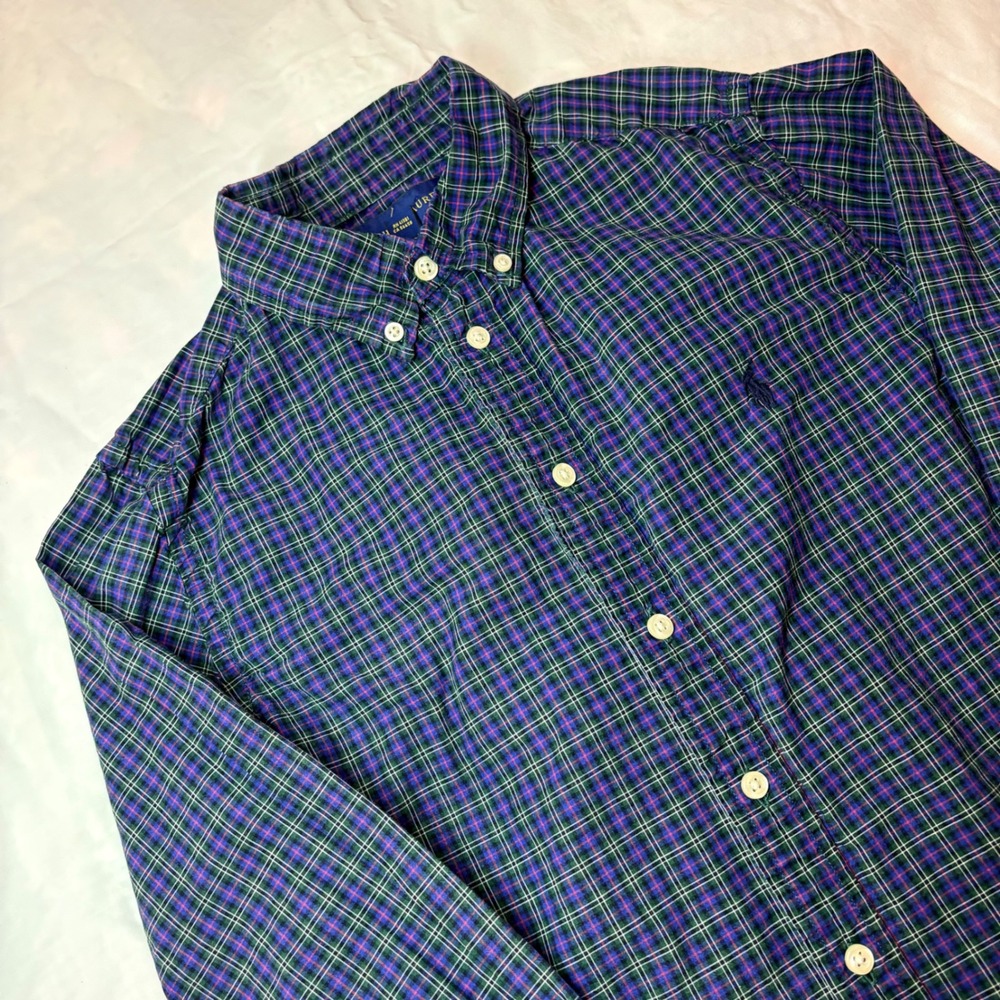 Ralph Lauren Boys Blue Green Plaid Button Down Shirt Sz L 14-16 Cotton Pony Logo